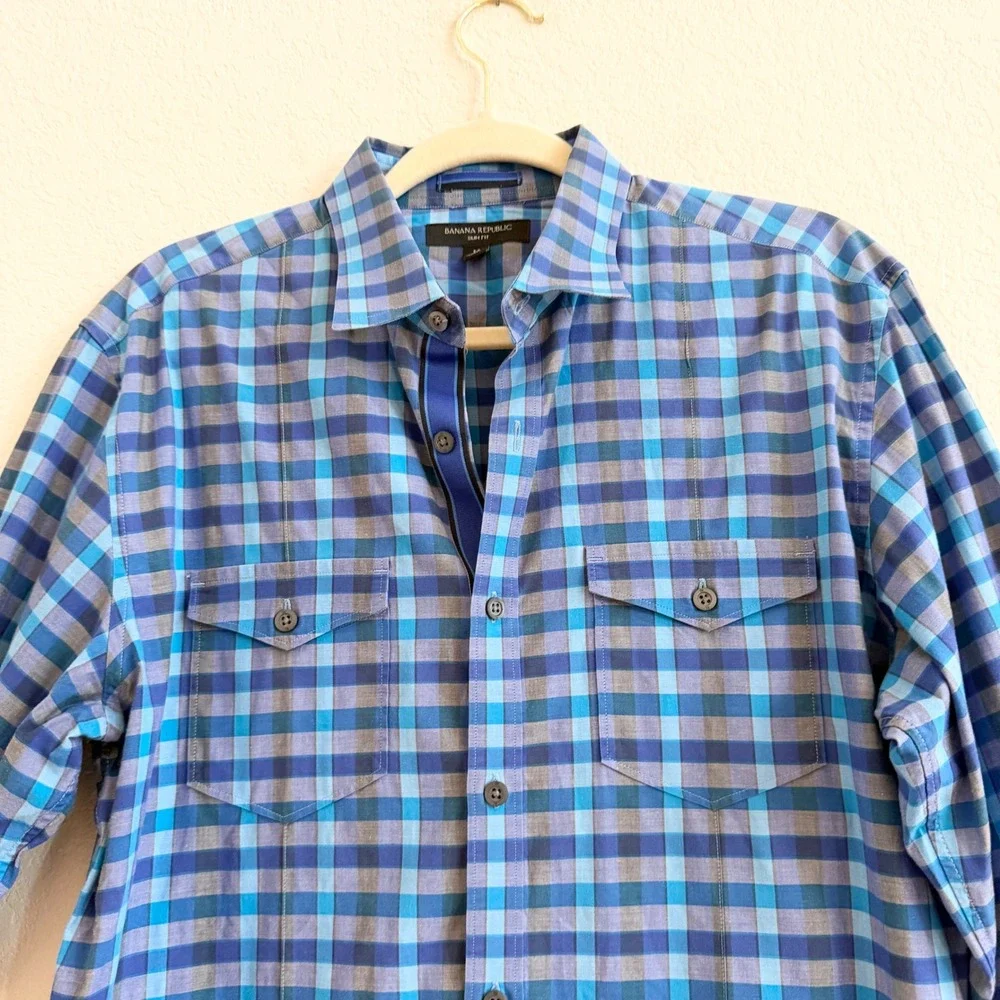 Banana Republic Mens Slim Fit Plaid Button Down Shirt Blue Grey Medium M Long Sl